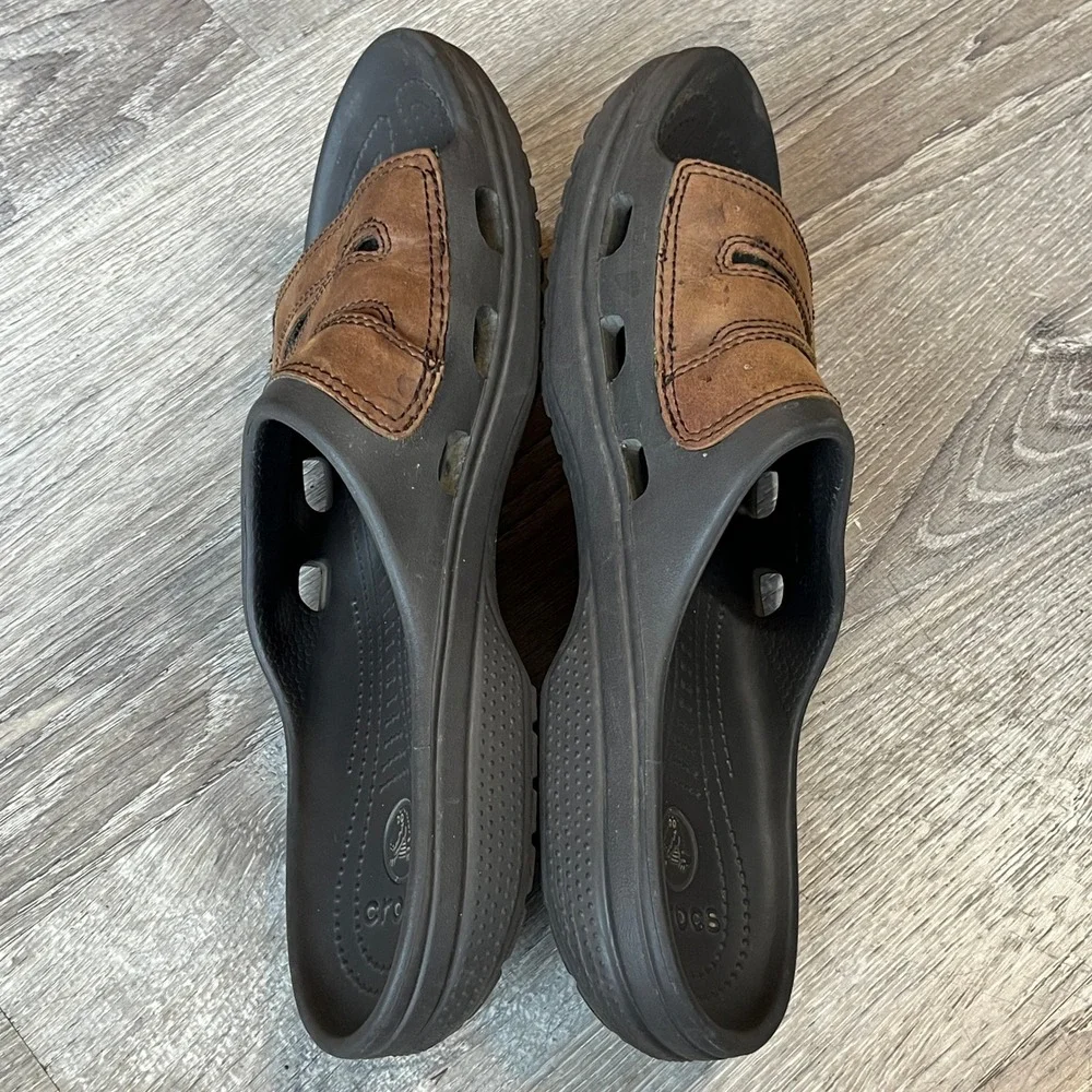 Crocs Yukon Slide Sandals Mens 13 Brown Leather Espresso Croslite Slip On Shoes